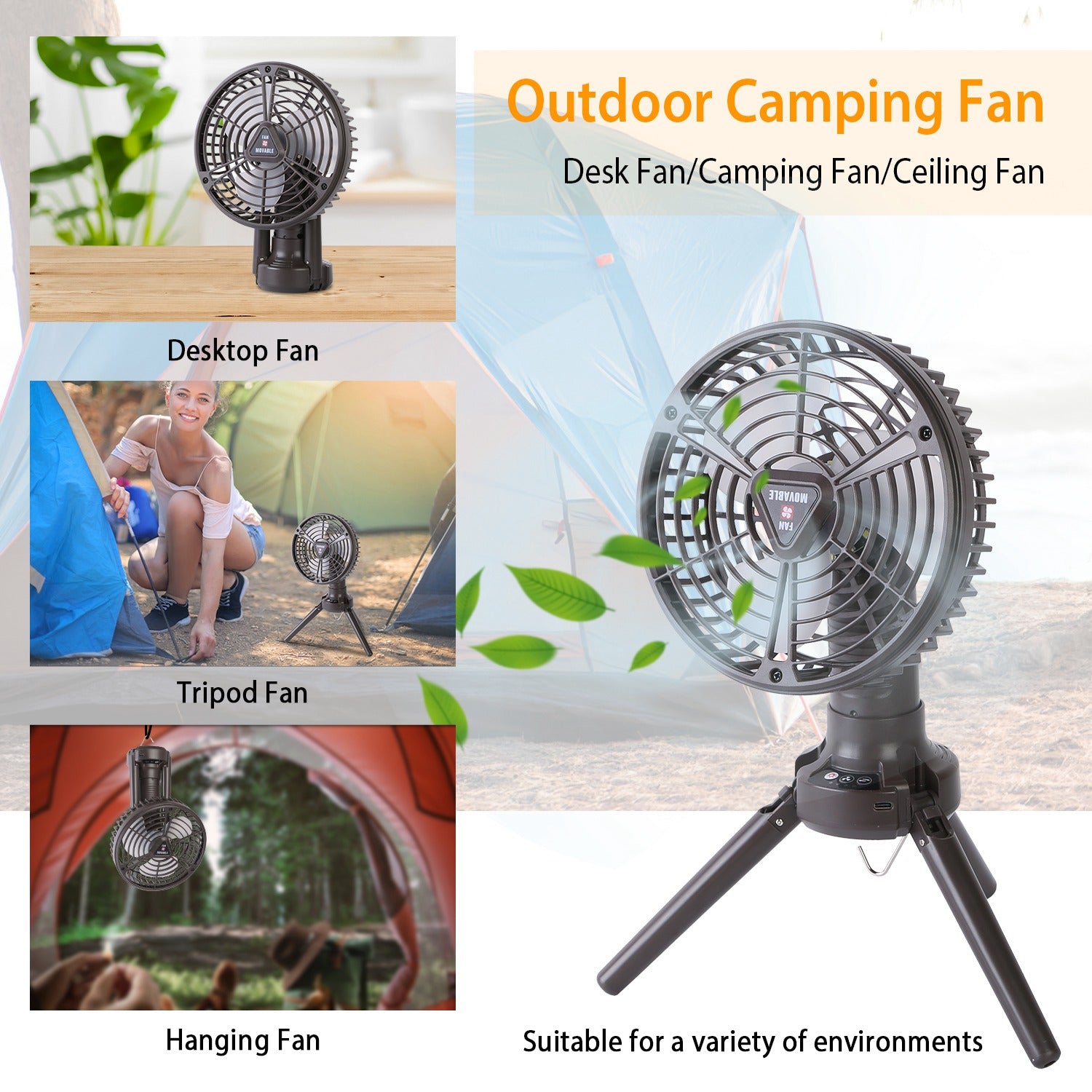 1Pc 10400mah Portable Camping Fan with LED Light Rechargeable