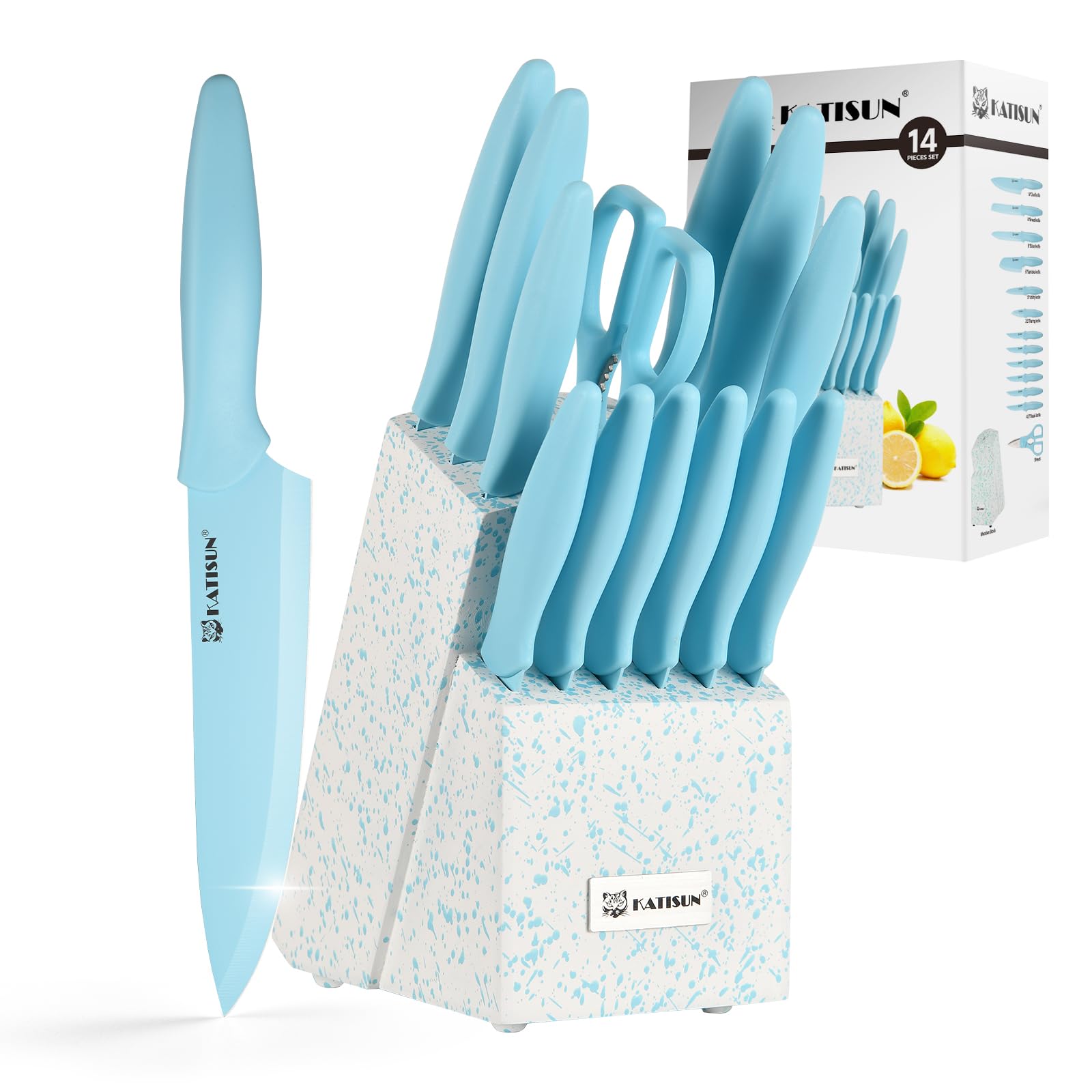 Kitchen Knife Set with Block, 14 Piece BLUE Non-Stick Paint