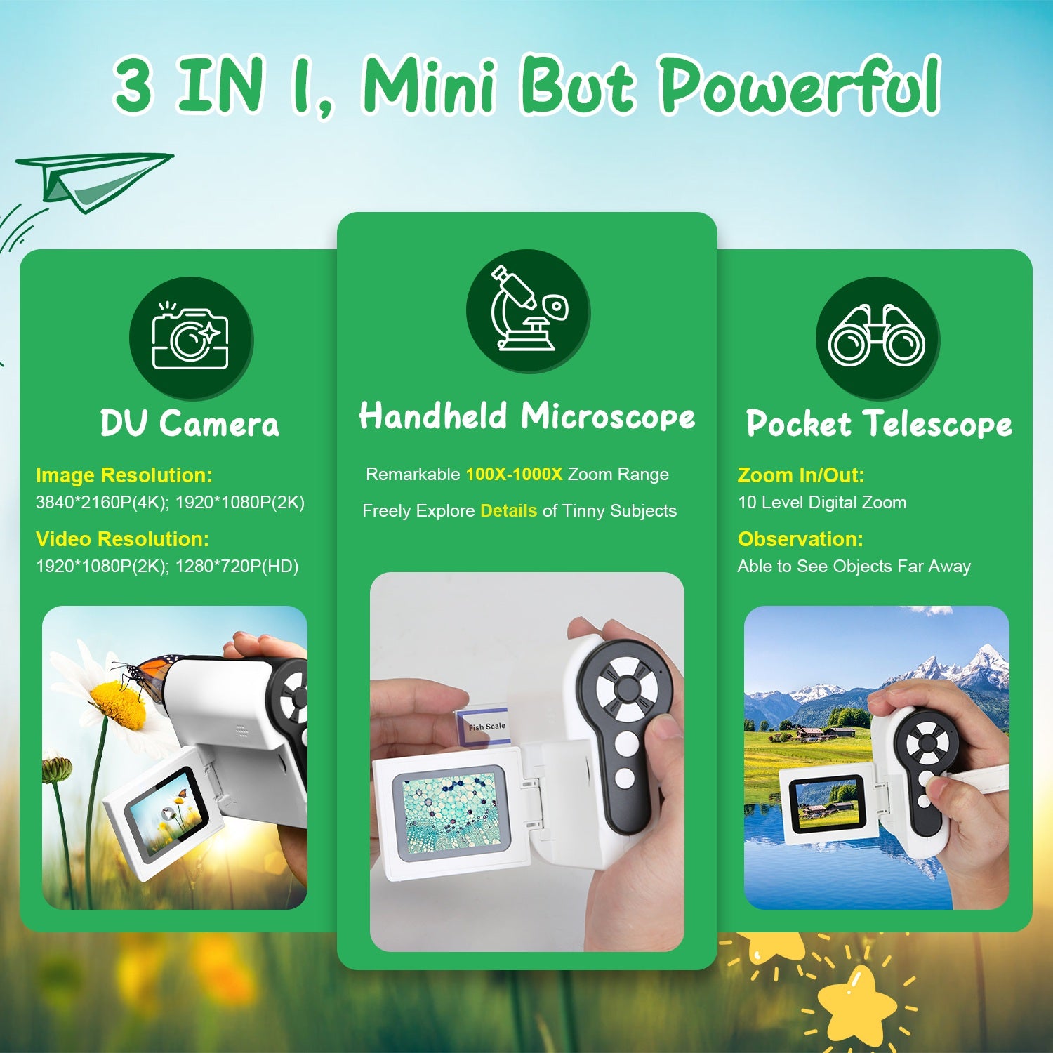 1Pc 3 In 1 Kids Microscope Telescope Cameras