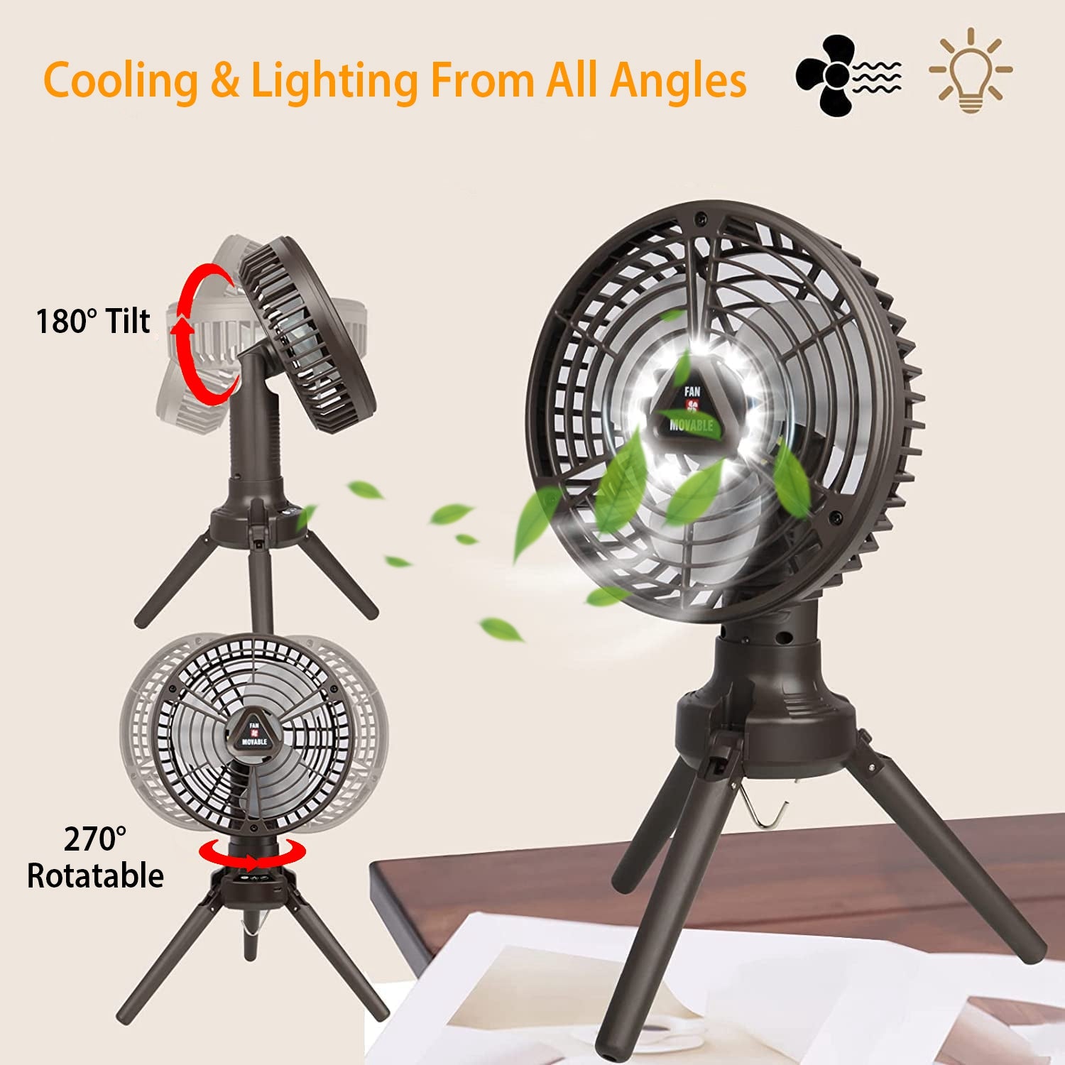 1Pc 10400mah Portable Camping Fan with LED Light Rechargeable