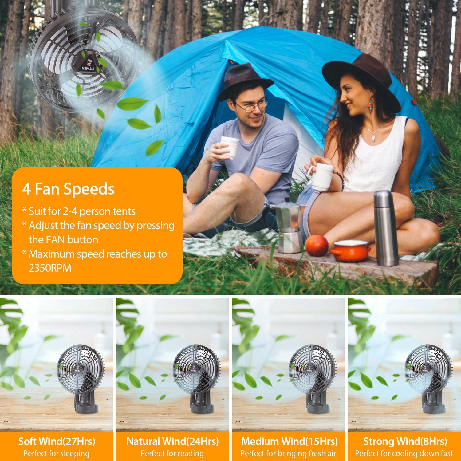 1Pc 10400mah Portable Camping Fan with LED Light Rechargeable