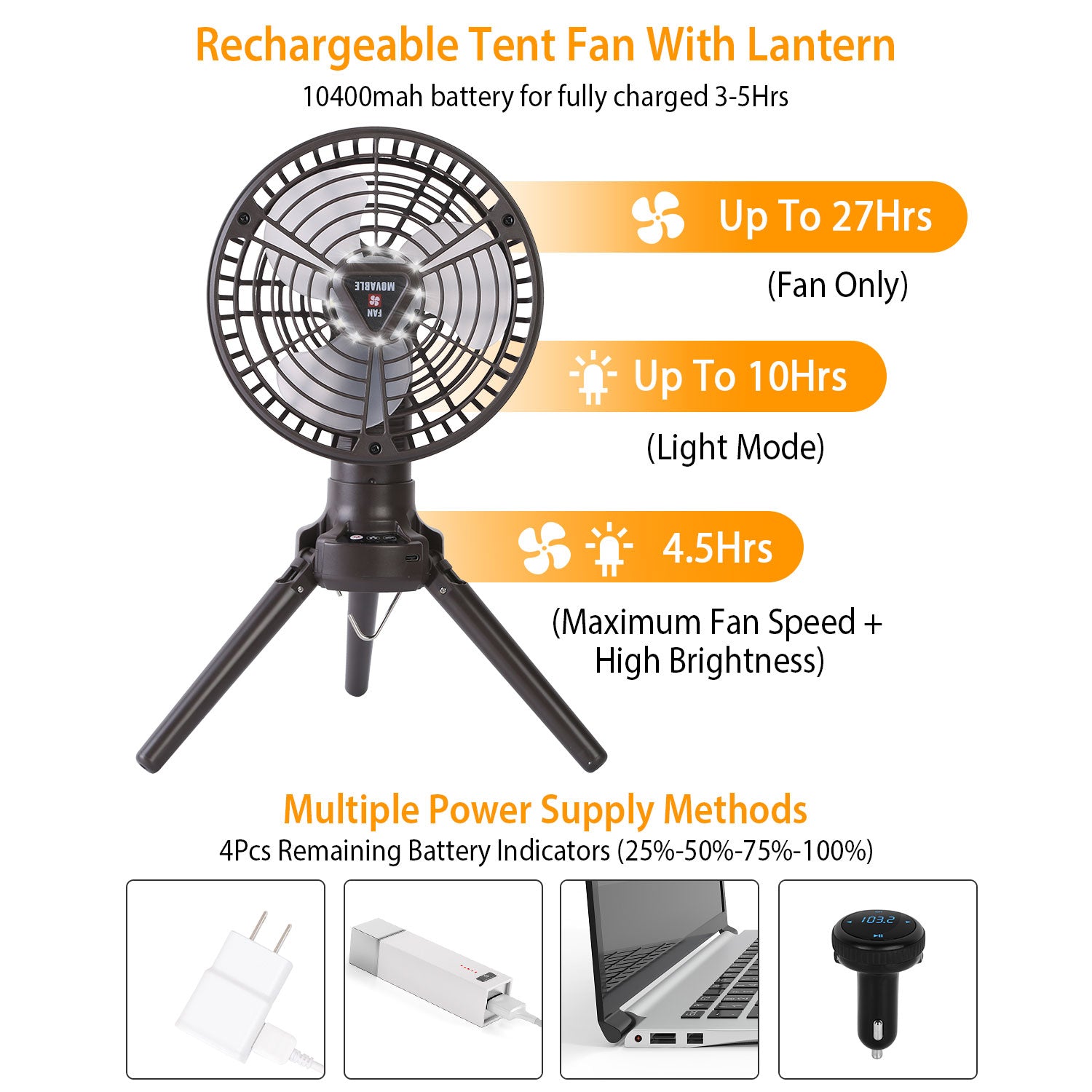 1Pc 10400mah Portable Camping Fan with LED Light Rechargeable
