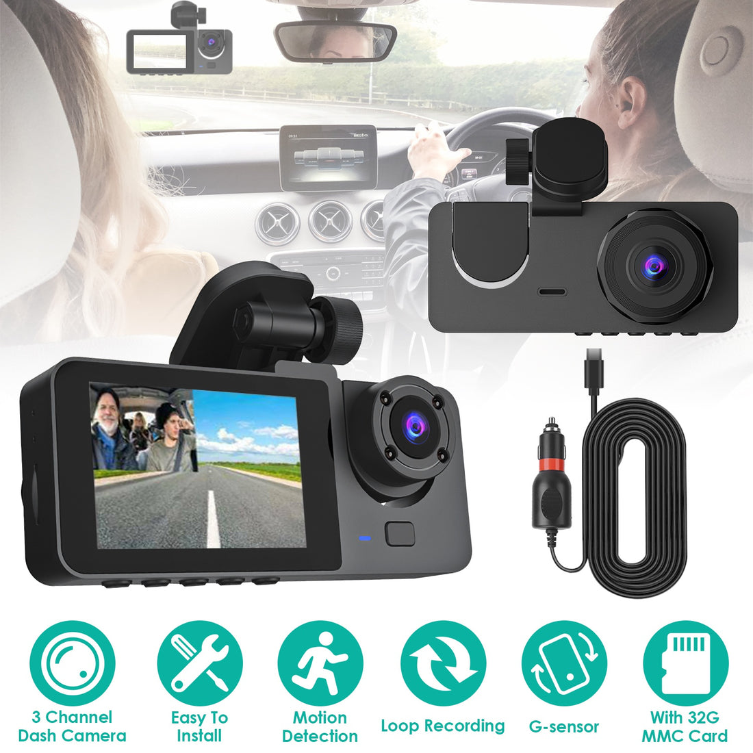 3 Channel Dash Cam Front Inside Rear for Vehicles