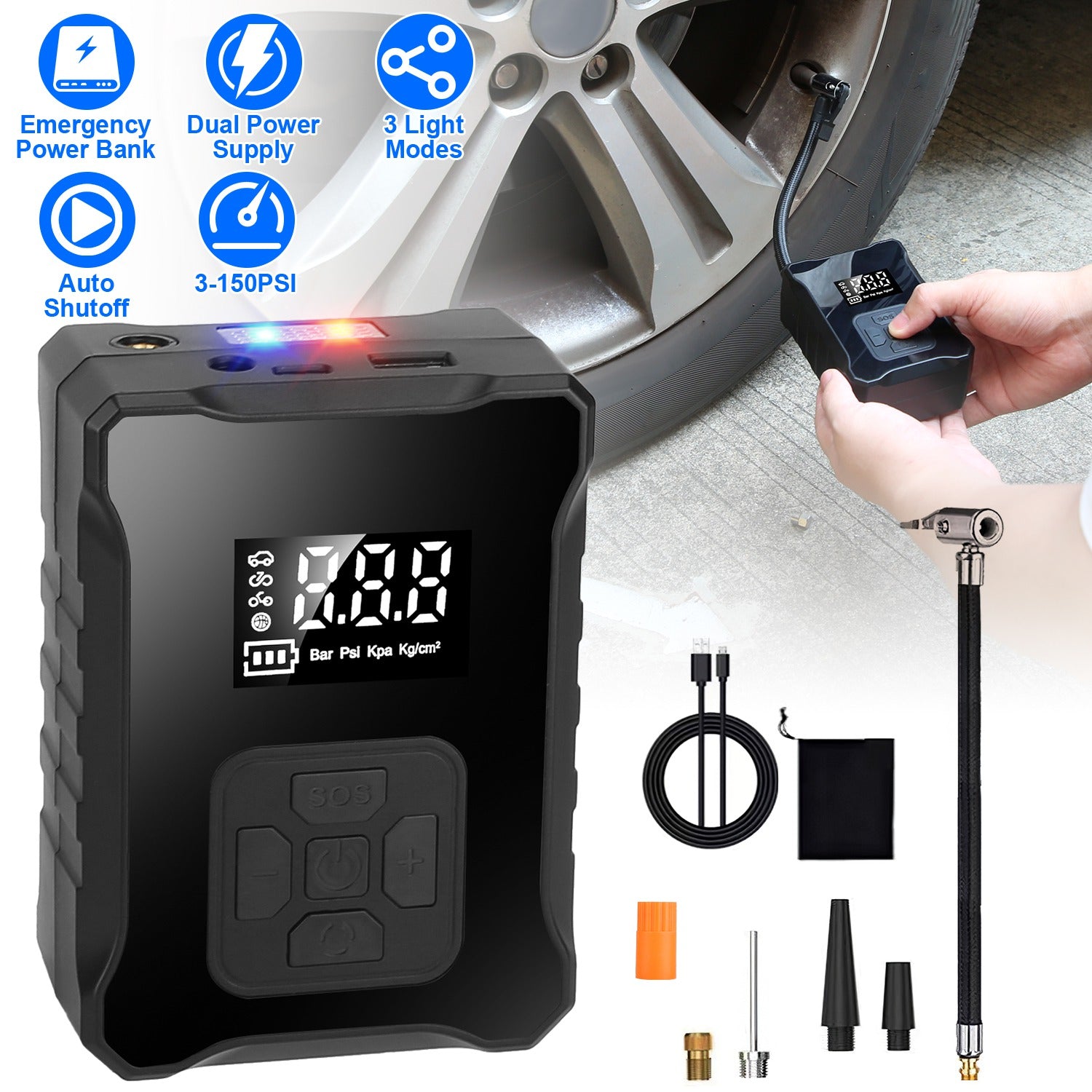 1Pc 150PSI Cordless Tire Inflator Digital Air