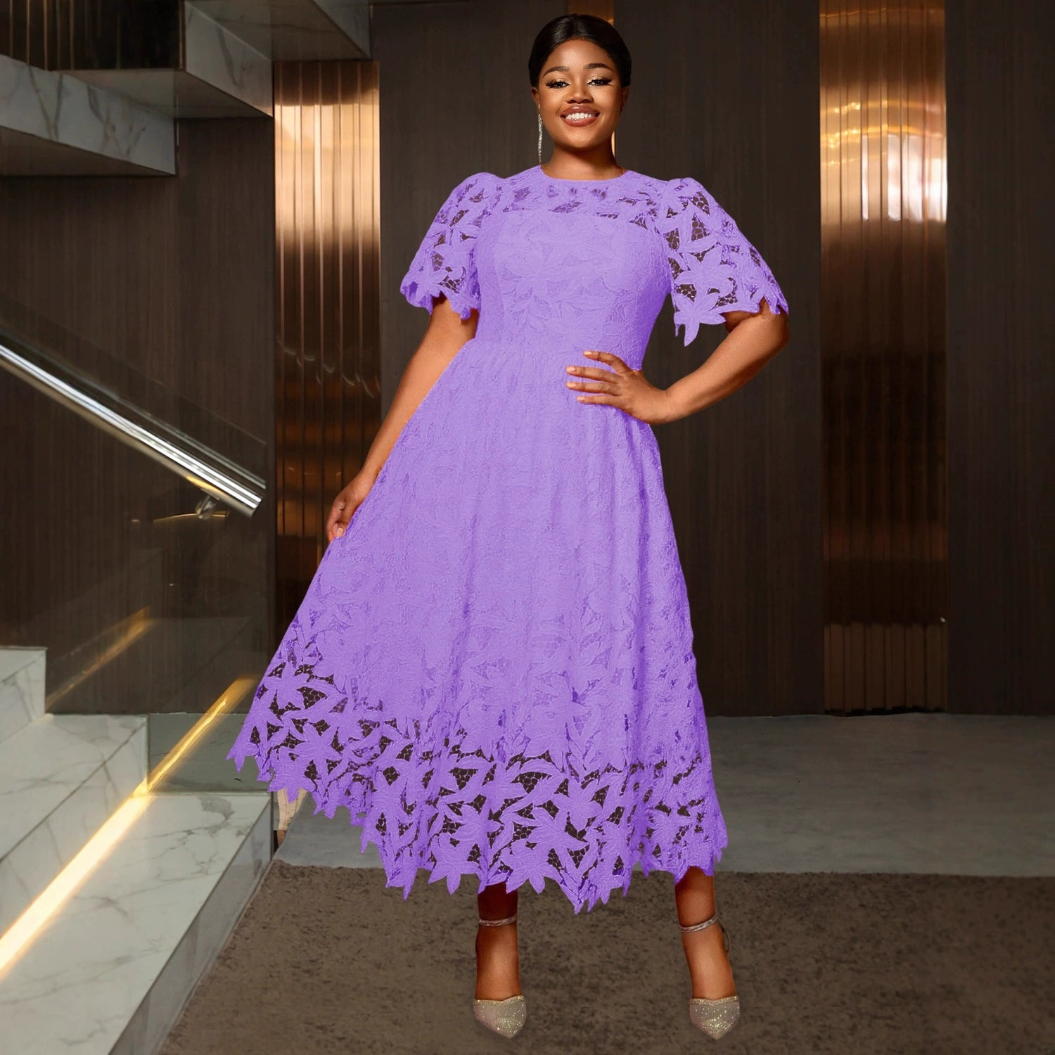 Lace Hollow-out Round-neck Dress