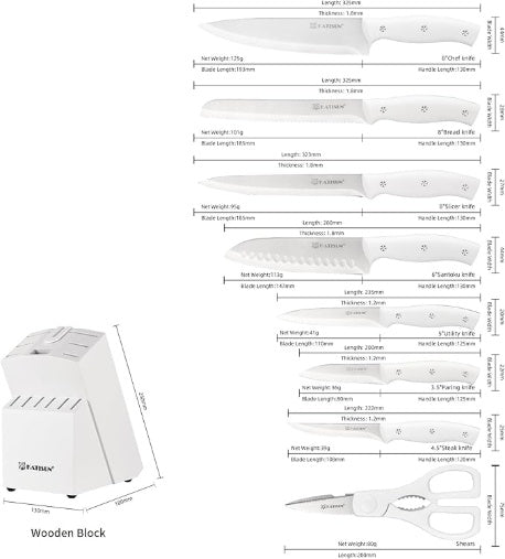 15-Piece White Kitchen Knife Set