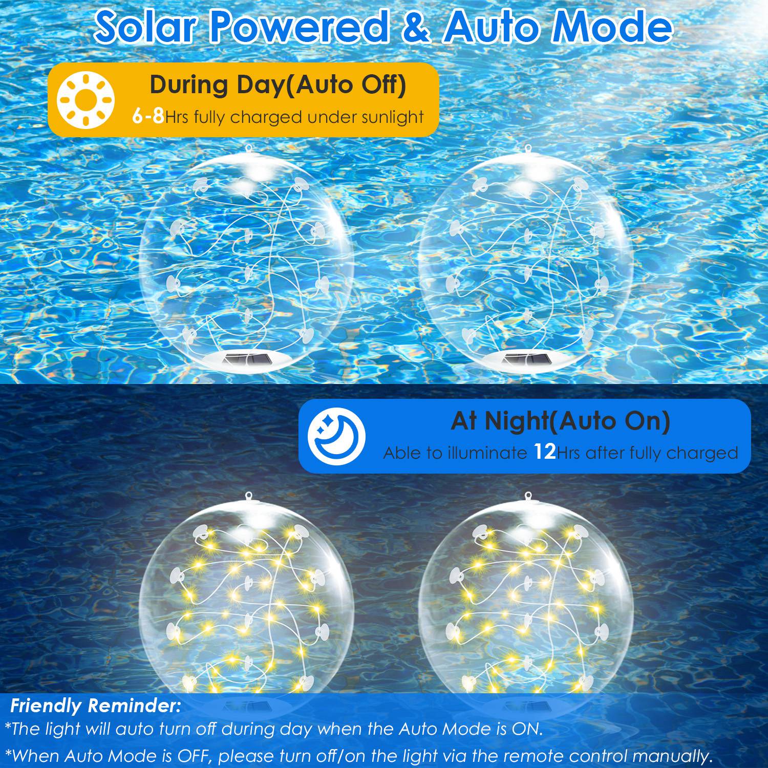 2Pcs Floating Pool Lights 14in Solar Powered