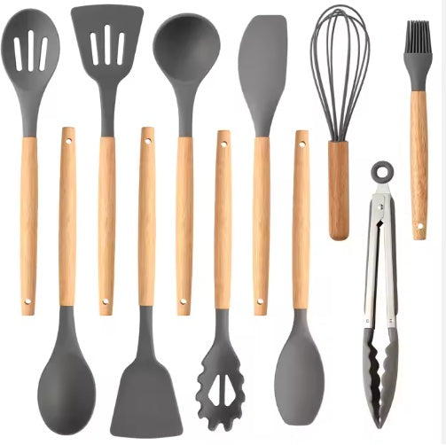 Non-Stick Silicon 12 Pcs Heat Resistant Wooden Handle