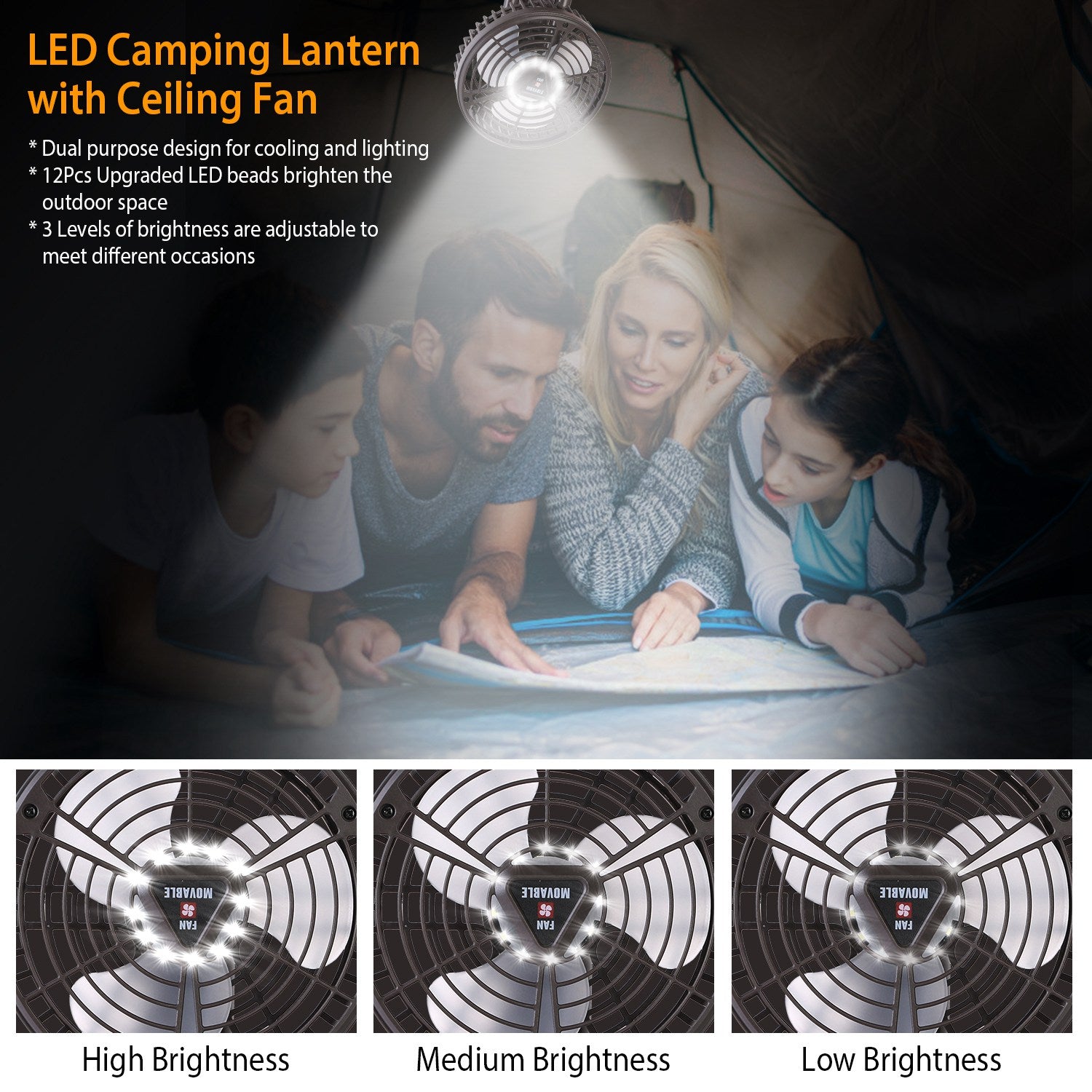 1Pc 10400mah Portable Camping Fan with LED Light Rechargeable