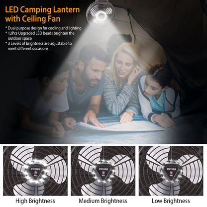 1Pc 10400mah Portable Camping Fan with LED Light Rechargeable
