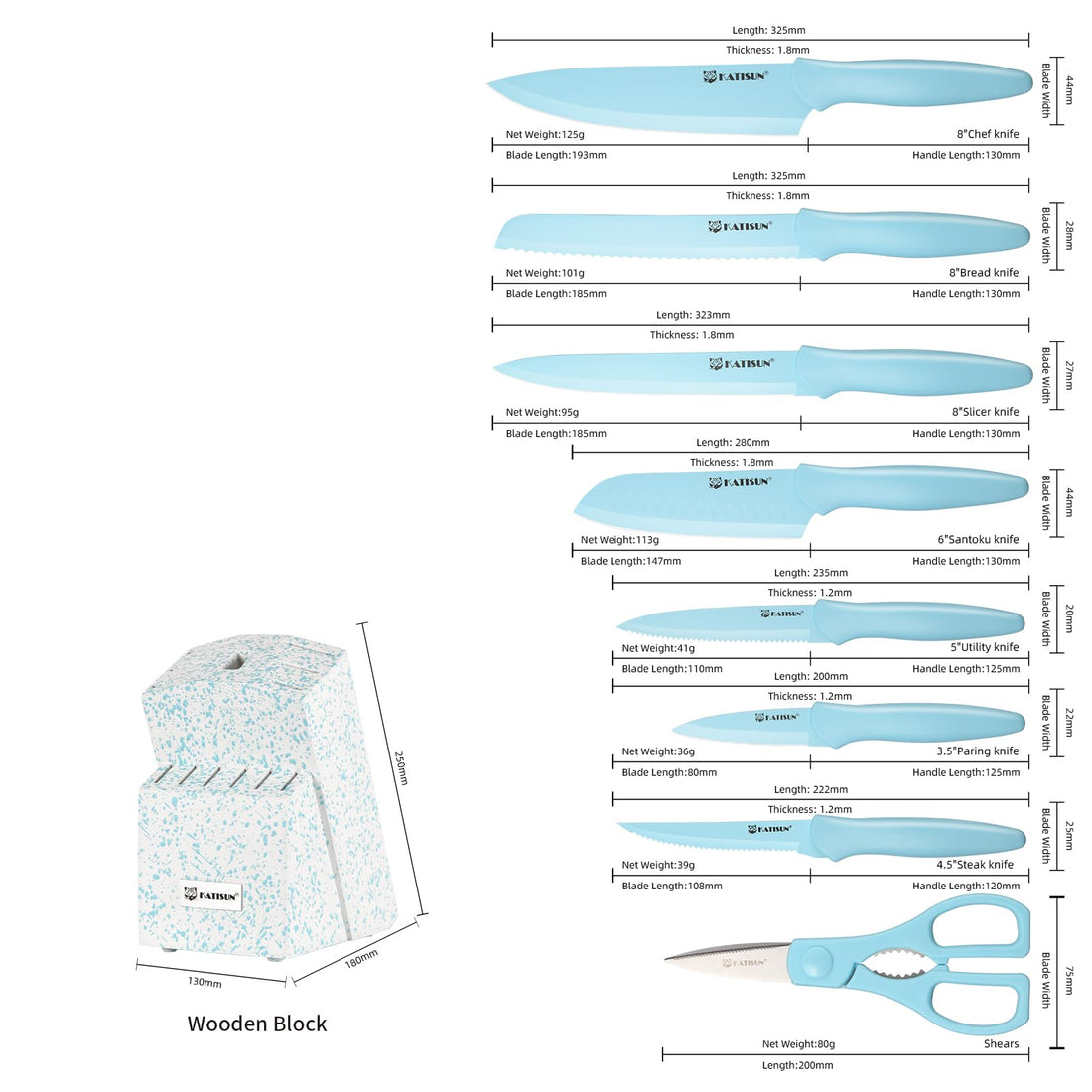 Kitchen Knife Set with Block, 14 Piece BLUE Non-Stick Paint