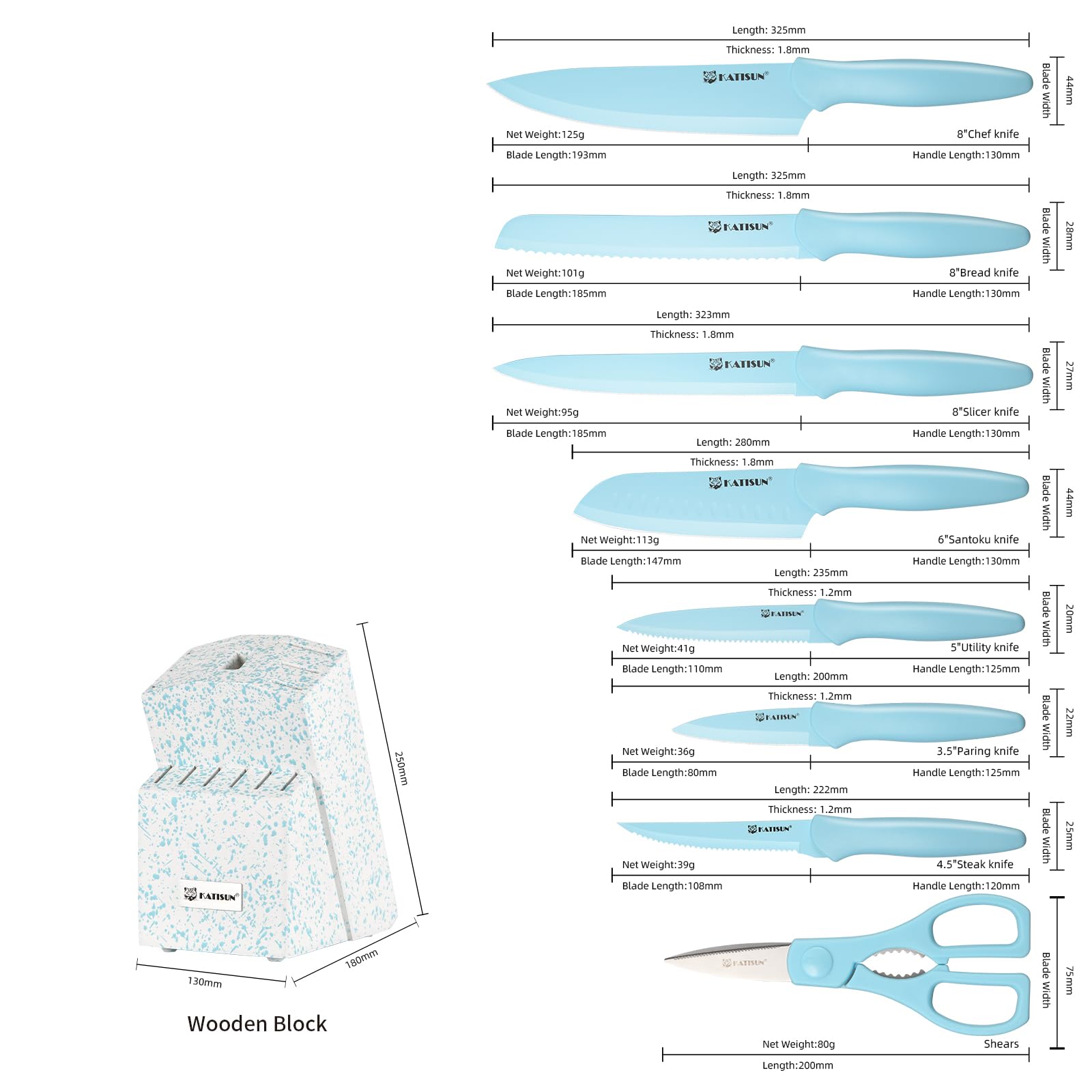 Kitchen Knife Set with Block, 14 Piece BLUE Non-Stick Paint