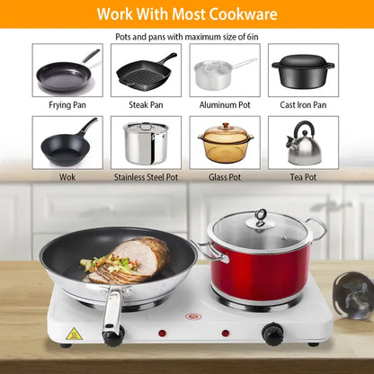 2000W Double Electric Burner Portable Dual Counter Stove