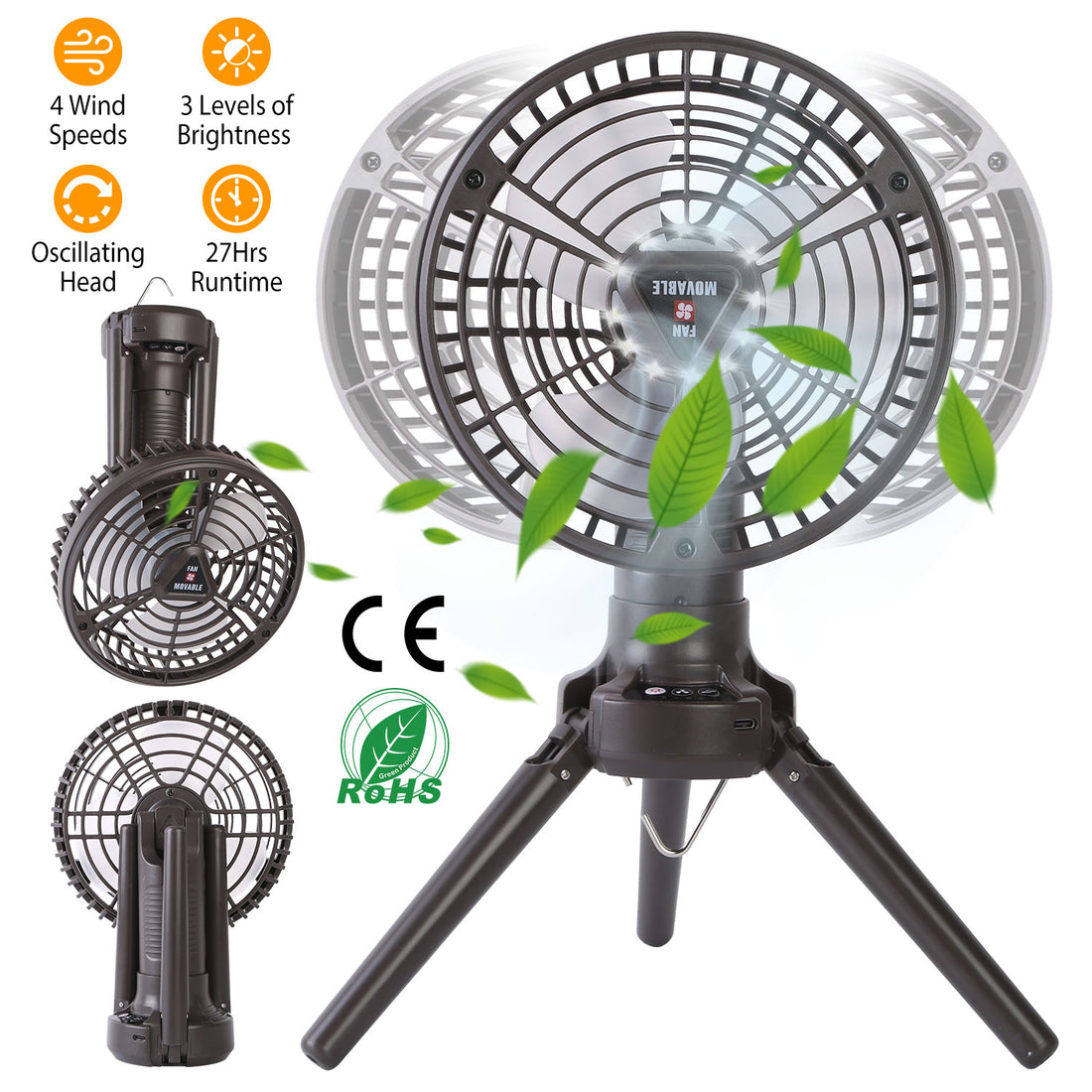 1Pc 10400mah Portable Camping Fan with LED Light Rechargeable