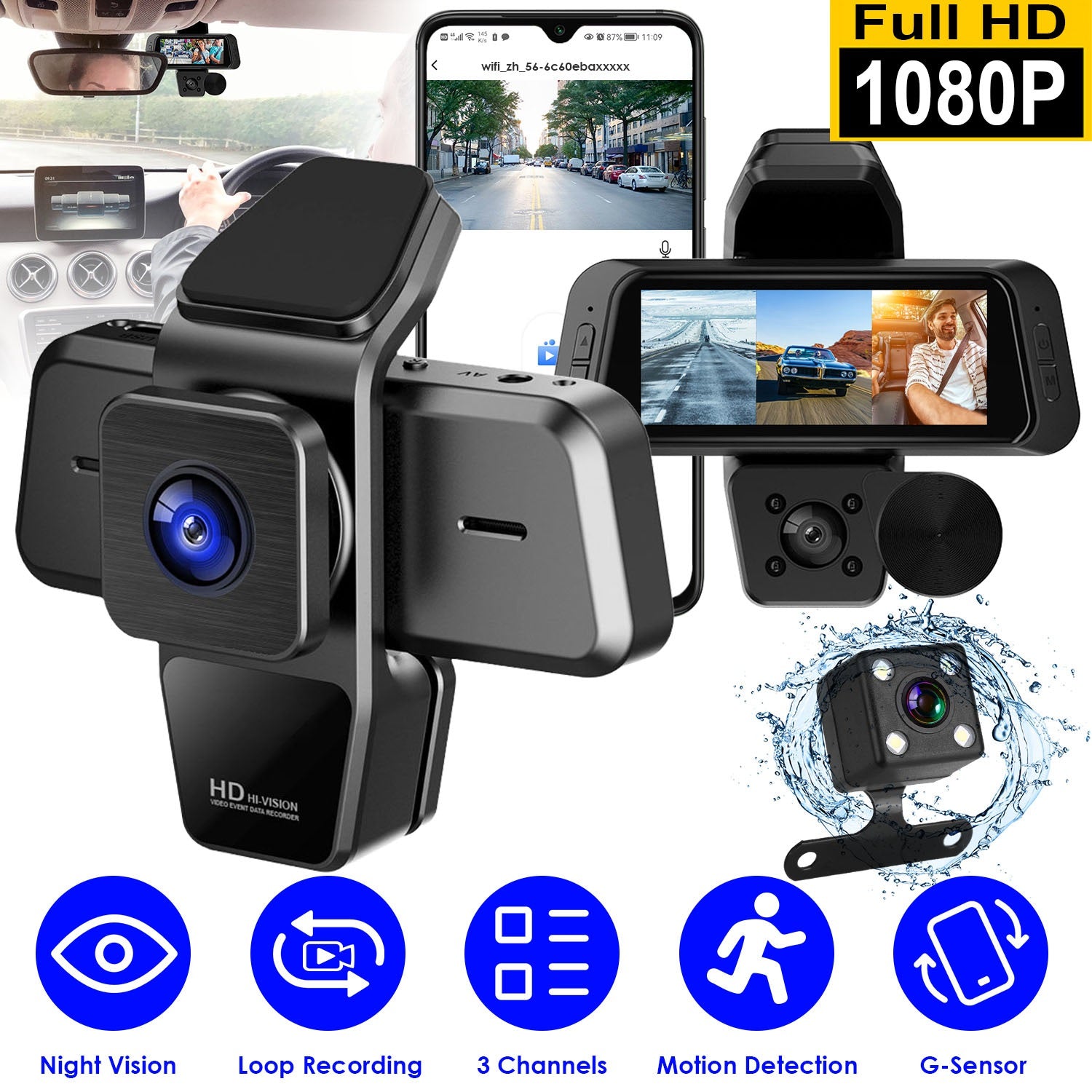 1080P FHD 3 Channel Wi-Fi Dash Cam