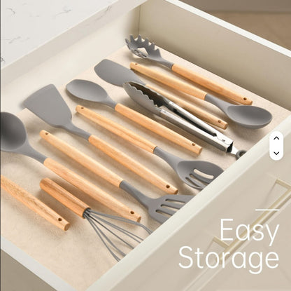 Non-Stick Silicon 12 Pcs Heat Resistant Wooden Handle