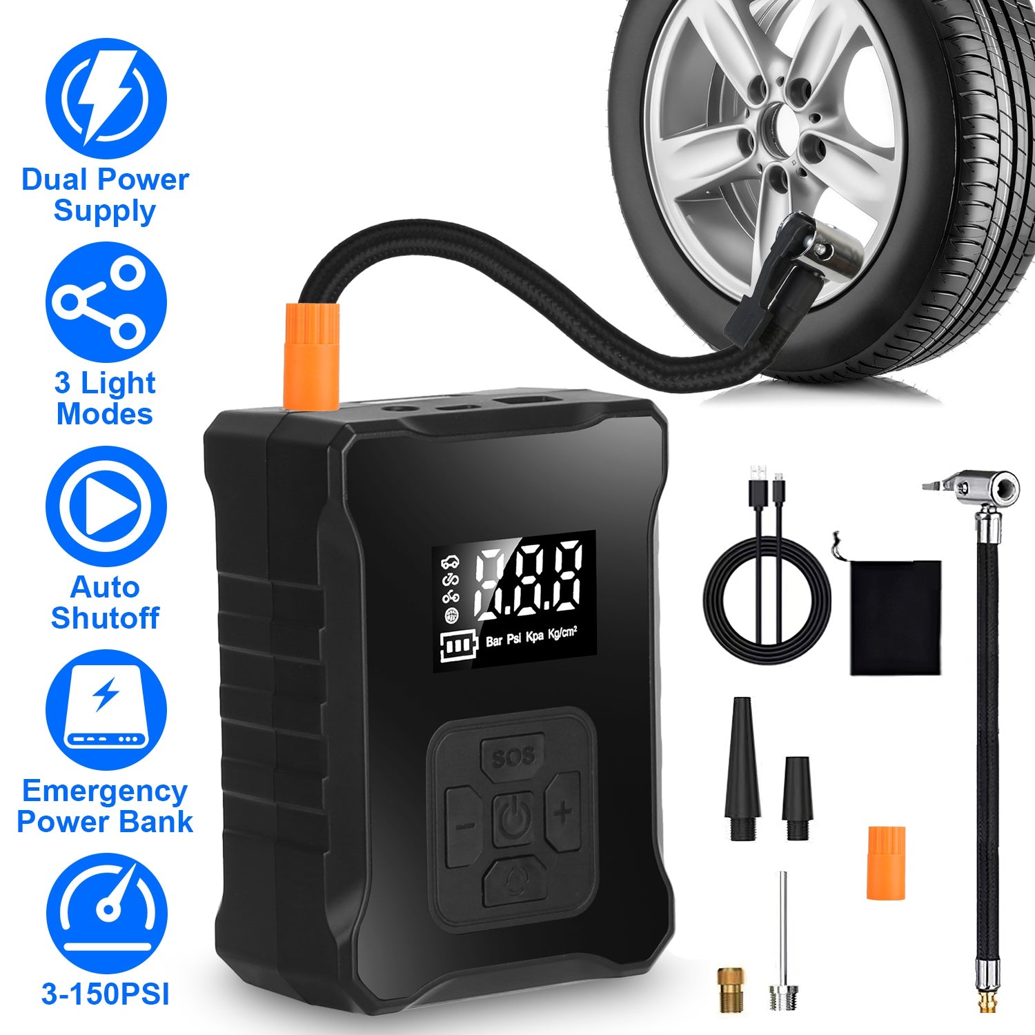 1Pc 150PSI Cordless Tire Inflator Digital Air
