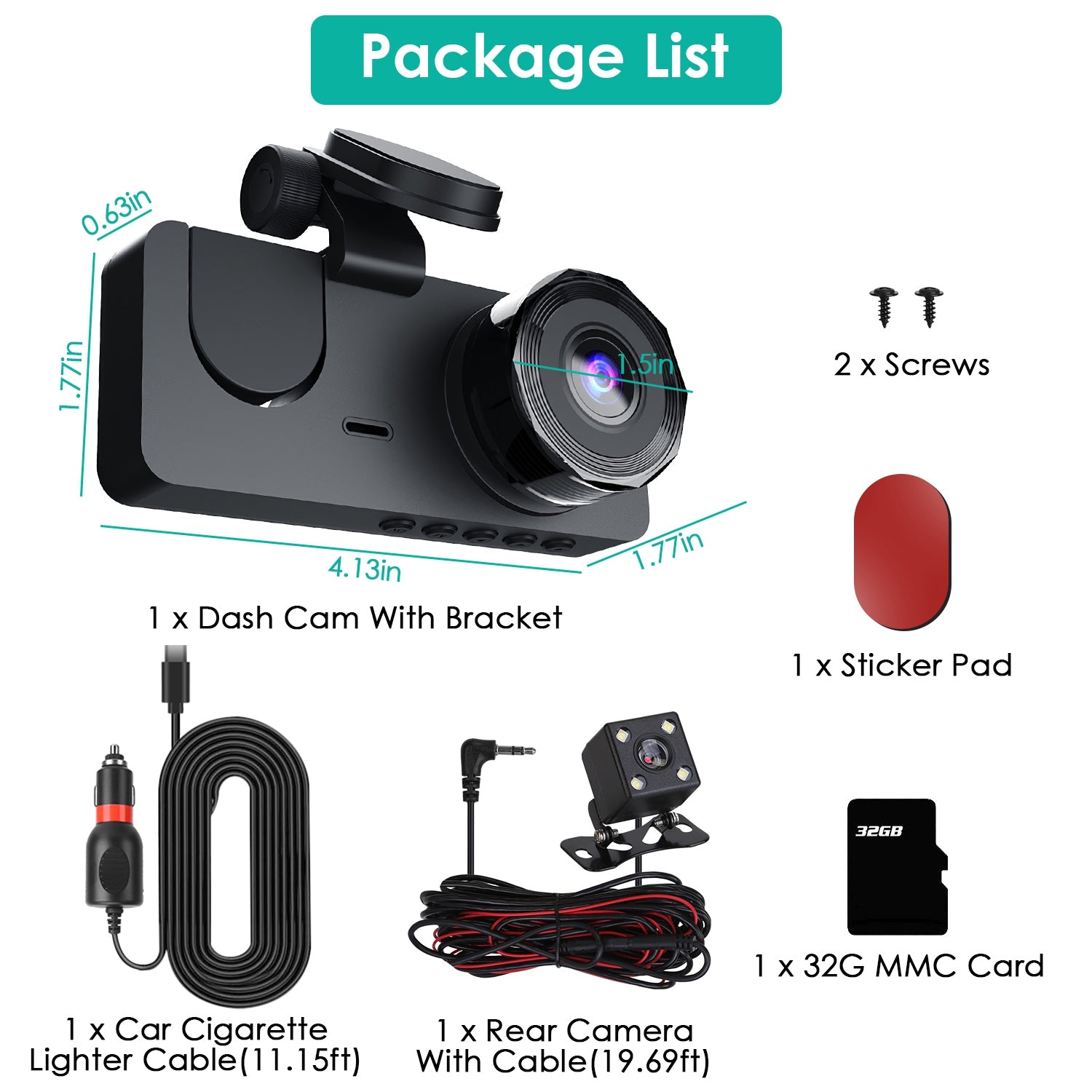 3 Channel Dash Cam Front Inside Rear for Vehicles