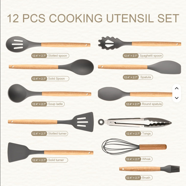 Non-Stick Silicon 12 Pcs Heat Resistant Wooden Handle